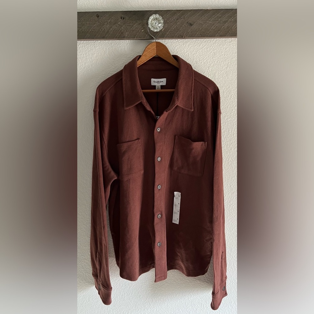 Men’s Goodfellow Ribbed Textured Long Sleeve Shirt Size XL, Warm Brown